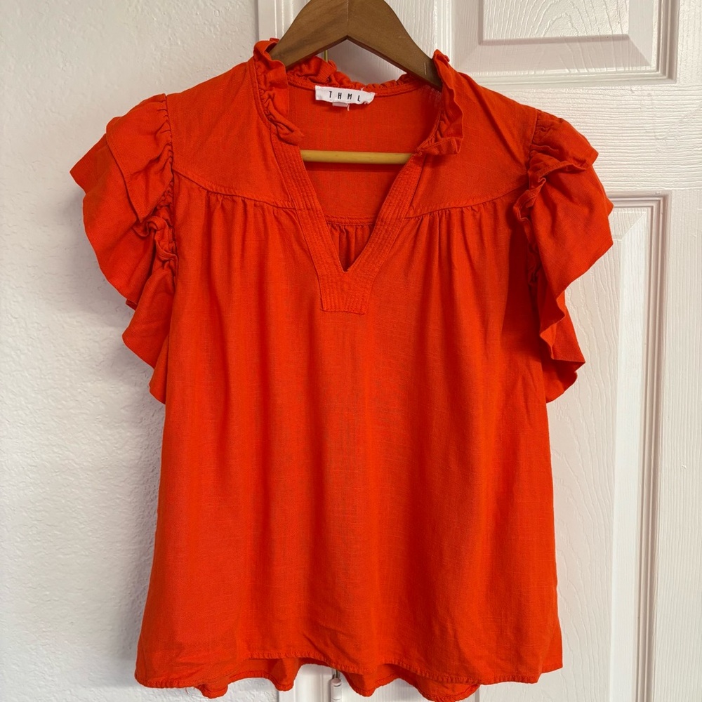 THML Orange Ruffle Sleeve V-Neck Blouse